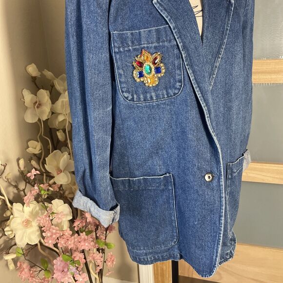 Eddie Bauer Denim Blazer with Pockets Retro Vintage Cuffed Sleeve Shoulder Pad - Picture 3 of 6